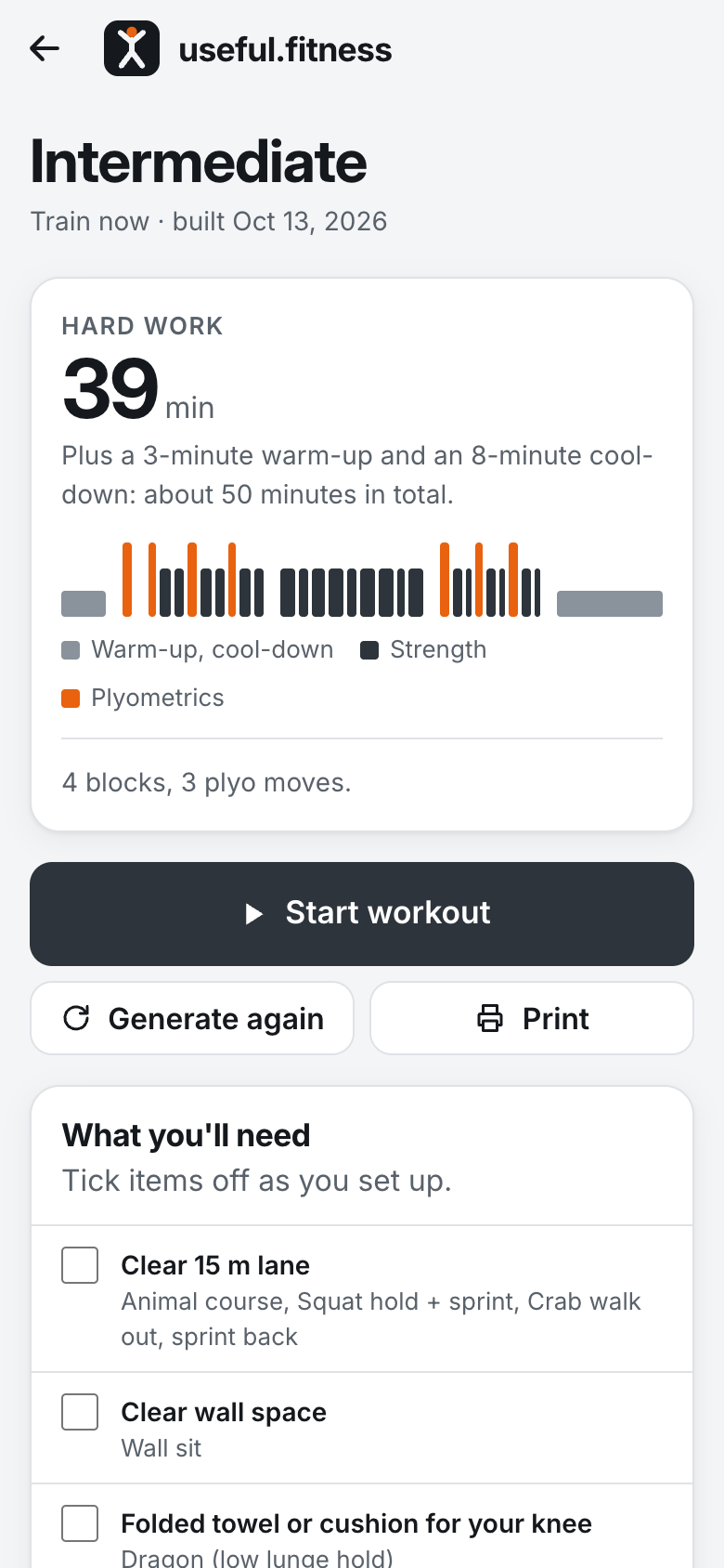 A generated workout on a phone